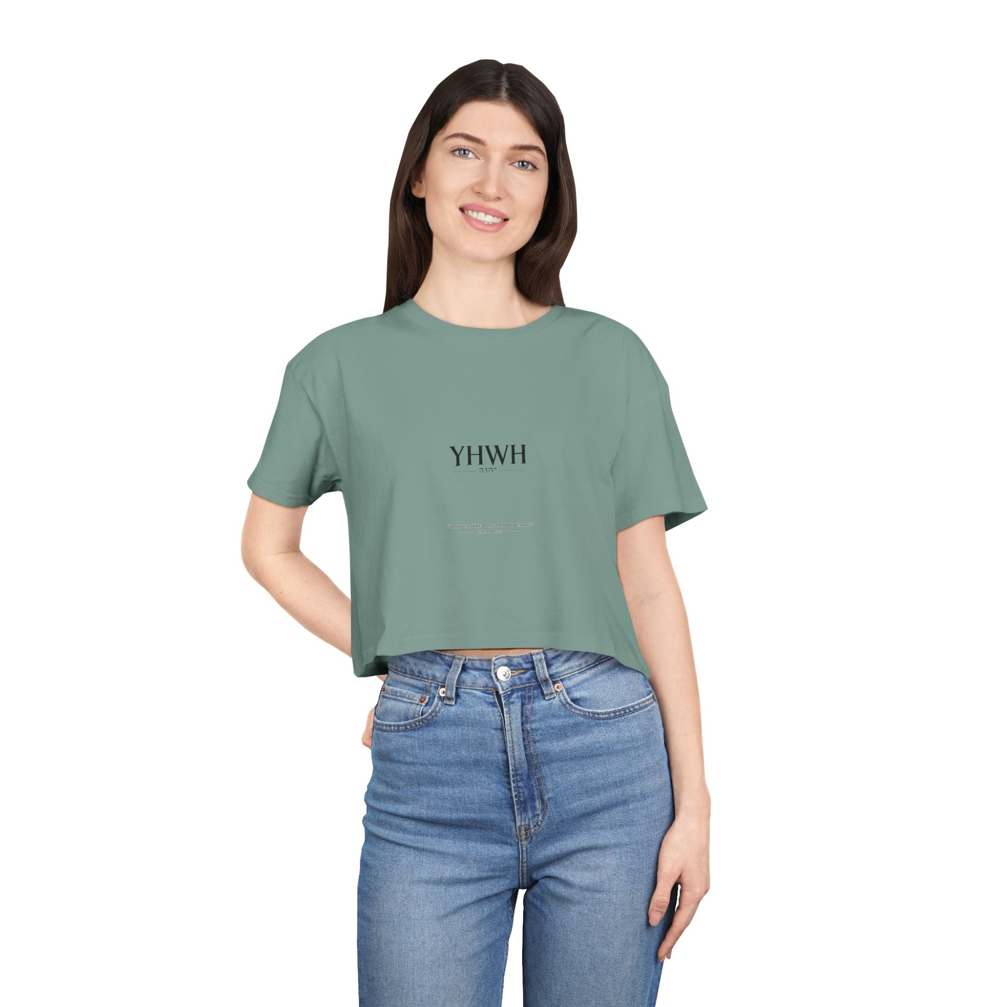 YHWH Minimalist Women's Crop Tee — Faith-Inspired Bible Verse Graphic Top