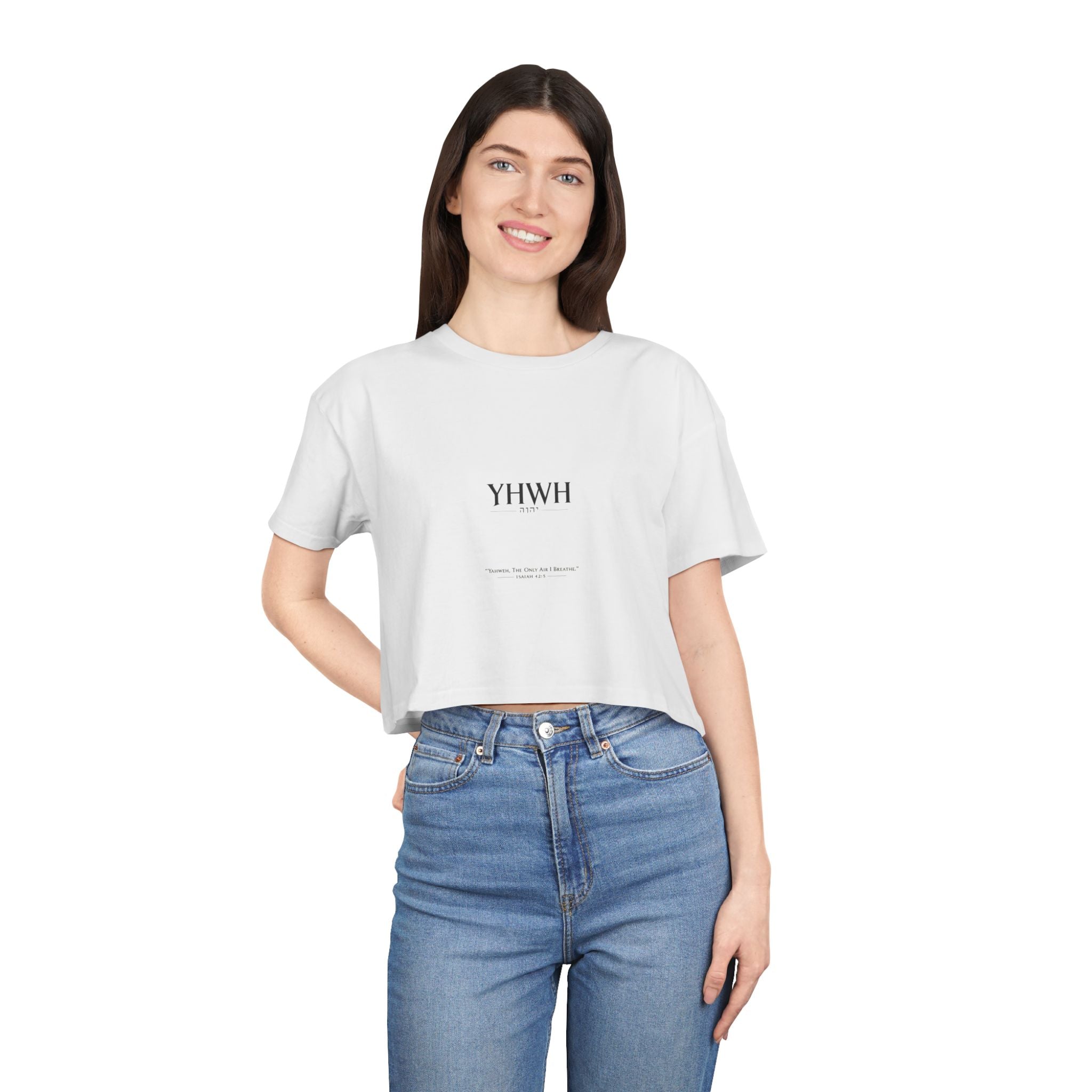 YHWH Minimalist Women's Crop Tee — Faith-Inspired Bible Verse Graphic Top