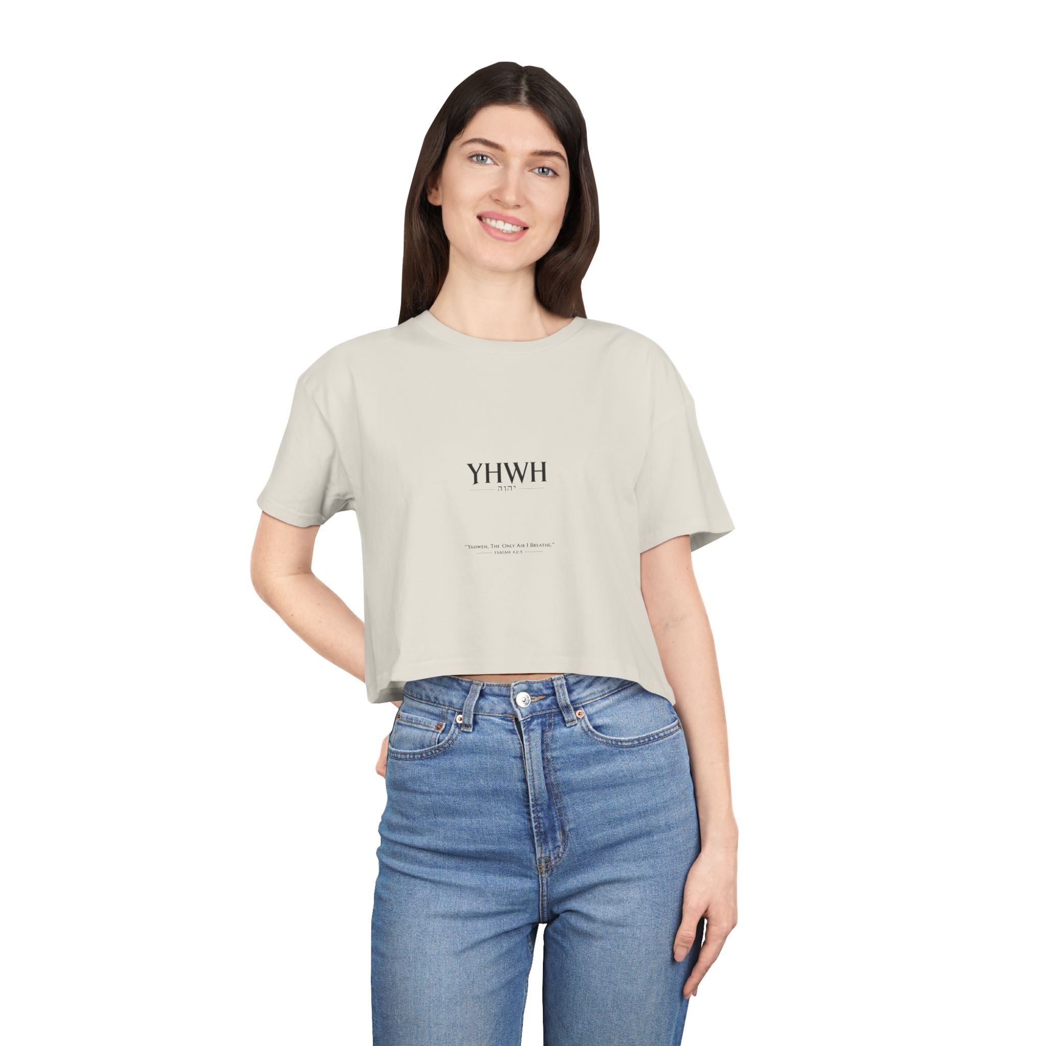 YHWH Minimalist Women's Crop Tee — Faith-Inspired Bible Verse Graphic Top