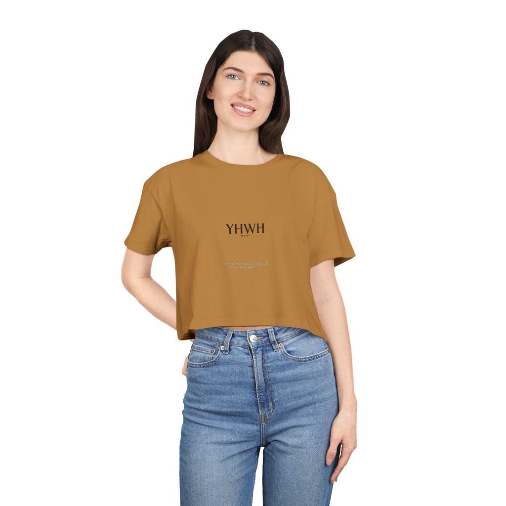 YHWH Minimalist Women's Crop Tee — Faith-Inspired Bible Verse Graphic Top