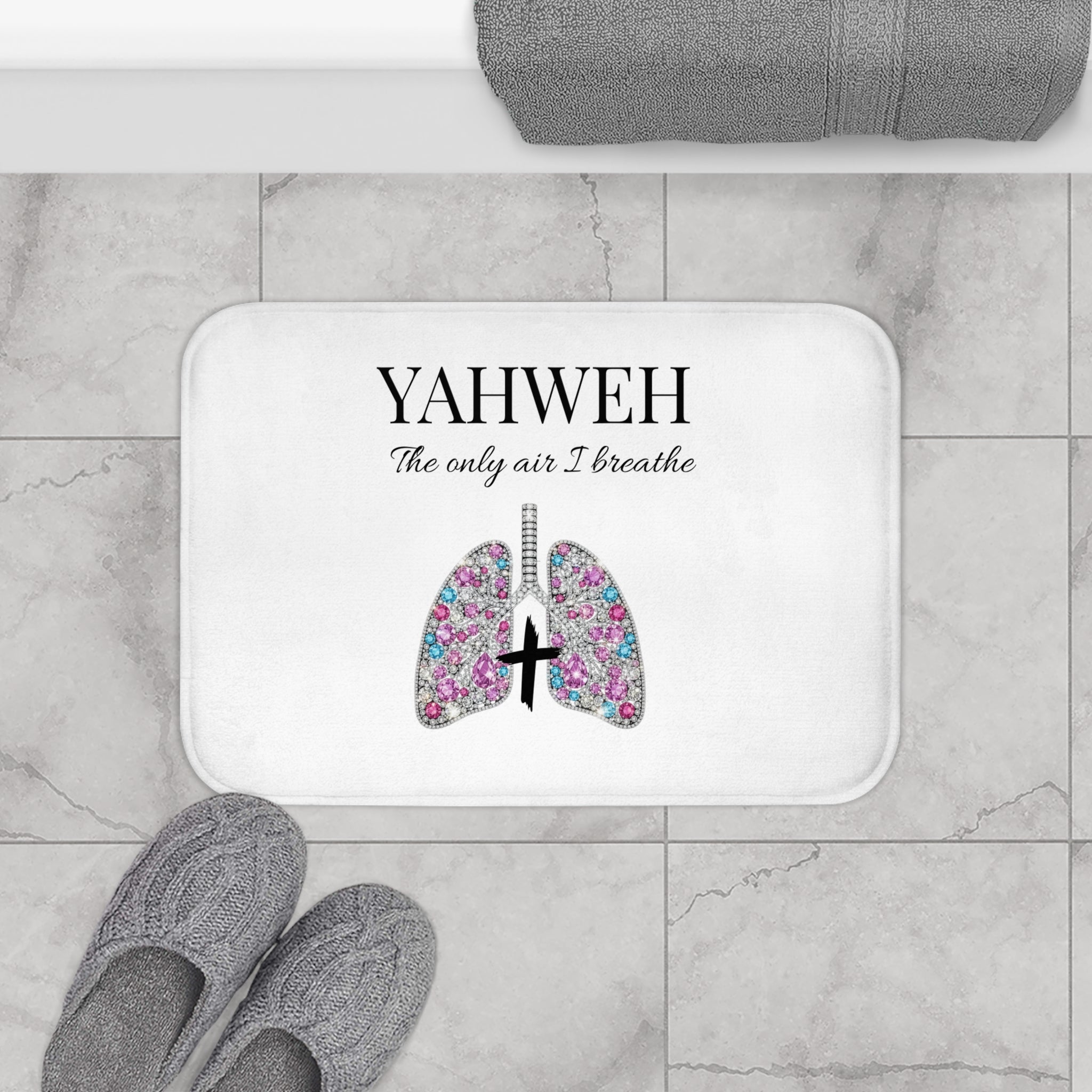 Yahweh 'The Only Air I Breathe' Bath Mat – Floral Lungs & Cross Christian Bathroom Mat