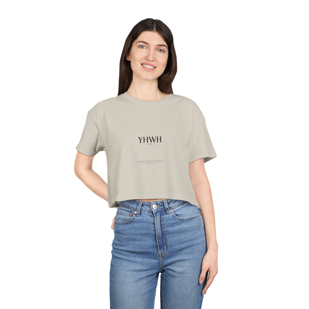 YHWH Minimalist Women's Crop Tee — Faith-Inspired Bible Verse Graphic Top